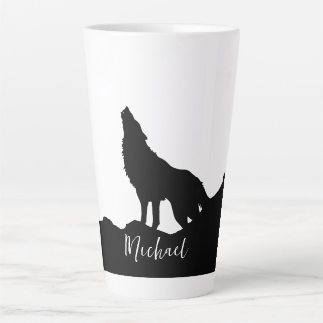 Wolf Pop Art Your Name Custom Black White Latte Mug (Front)