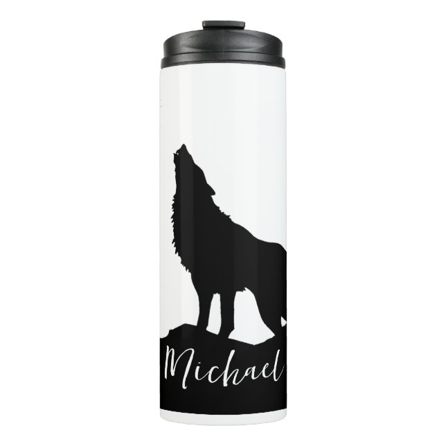 Wolf Pop Art Your Name Custom Black White Thermal Tumbler (Front)