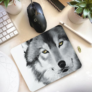 Wolf Portrait Black White Mouse Pad