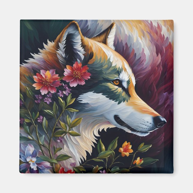 Wolf Portrait Floral Art Magnet (Front)