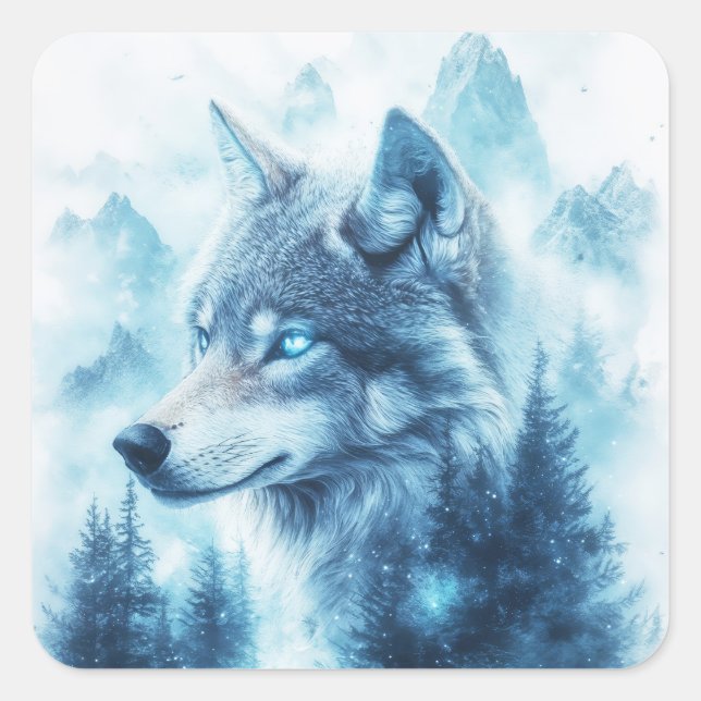 Wolf Portrait with Glowing Blue Eyes Square Sticker (Front)