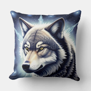 Wolf Portrait with Intense Golden Eyes Cushion