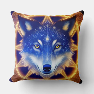 Wolf Portrait with Intense Golden Eyes Cushion