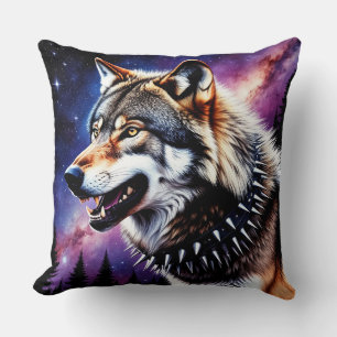 Wolf Portrait with Intense Golden Eyes Cushion
