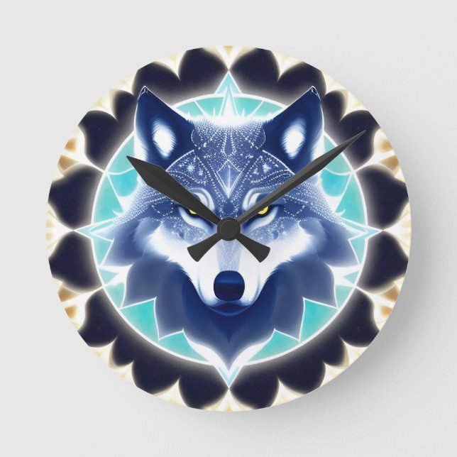 Wolf Portrait with Intense Golden Eyes Round Clock (Front)