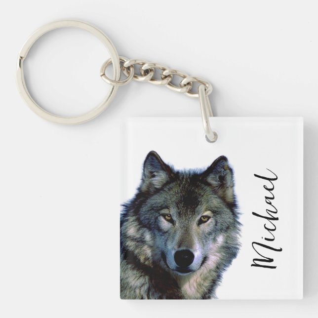 Wolf Portrait Your Name Custom Handwriting Key Ring (Front)