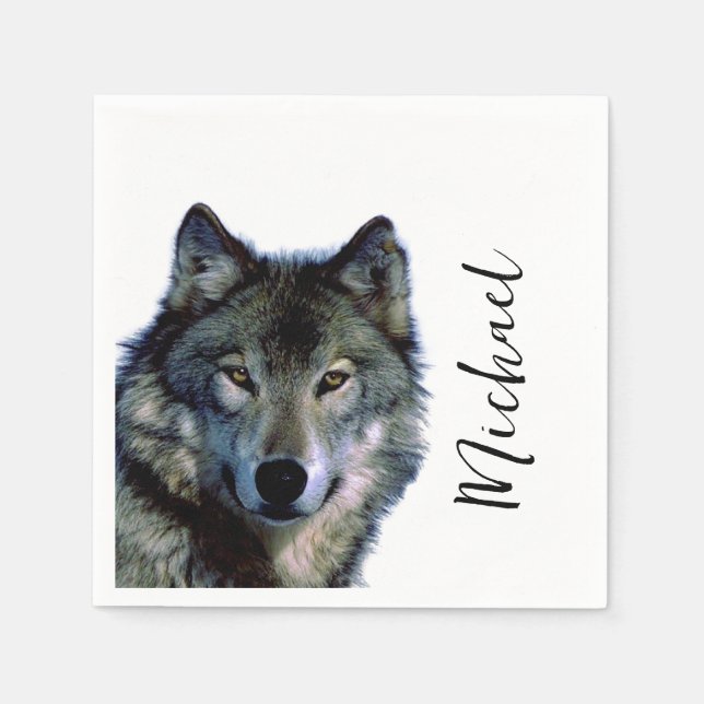 Wolf Portrait Your Name Custom Handwriting Napkin (Front)