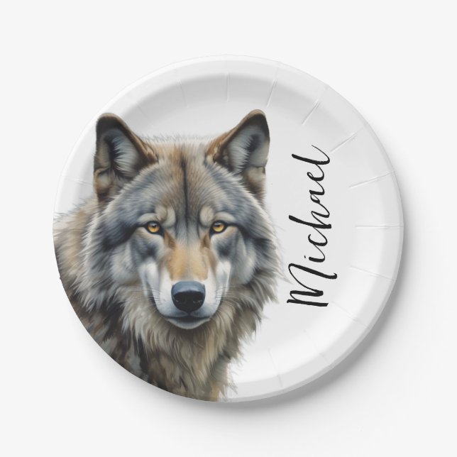 Wolf Portrait Your Name Custom Handwriting Paper Plate (Front)