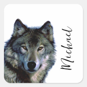 Wolf Portrait Your Name Custom Handwriting Square Sticker