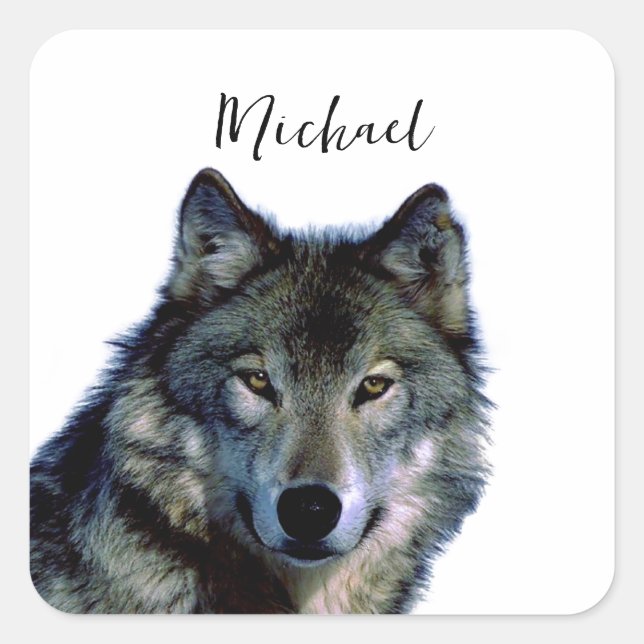Wolf Portrait Your Name Custom Handwriting Square Sticker (Front)