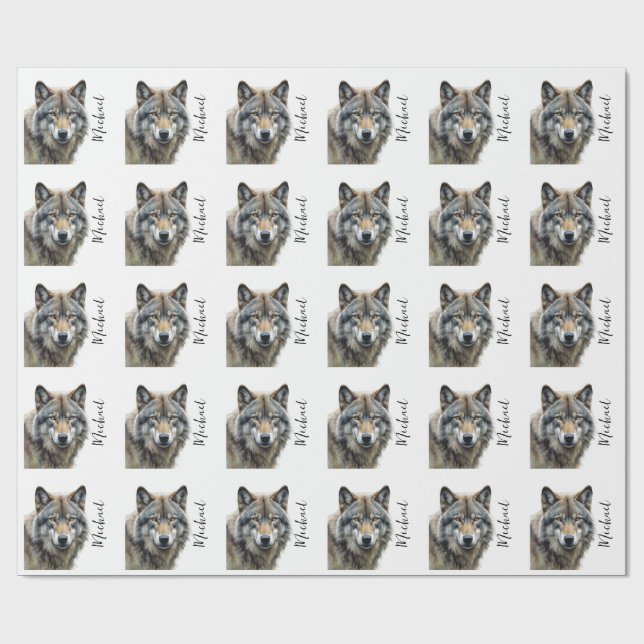 Wolf Portrait Your Name Custom Handwriting Wrapping Paper (Flat)