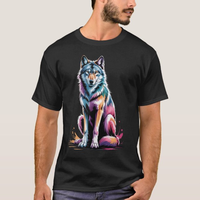 Wolf Poster Style Colourful Paint Splatter Art T-Shirt (Front)