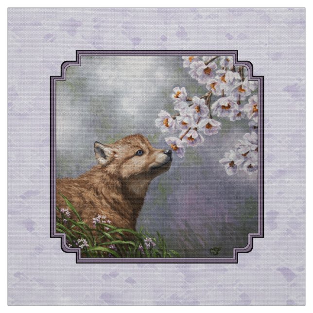 Wolf Pup and Flowers Lavender Fabric (Swatch)