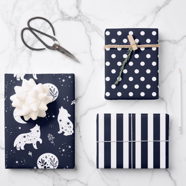 Wolf Pup Howling at the Moon Wrapping Paper Set (Front)