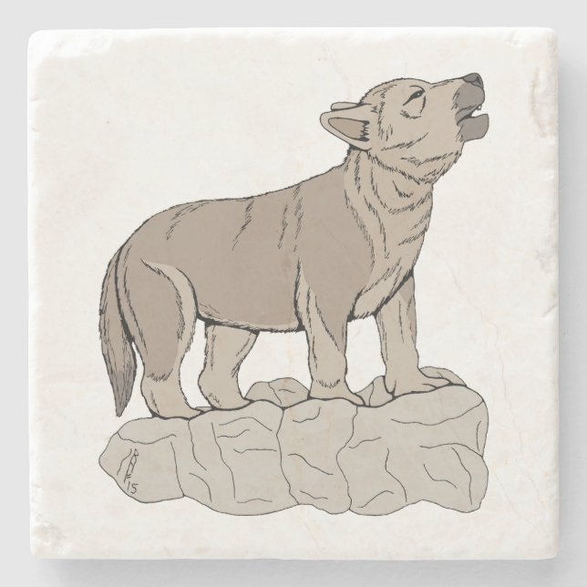 Wolf Pup Howling Stone Coaster (Front)