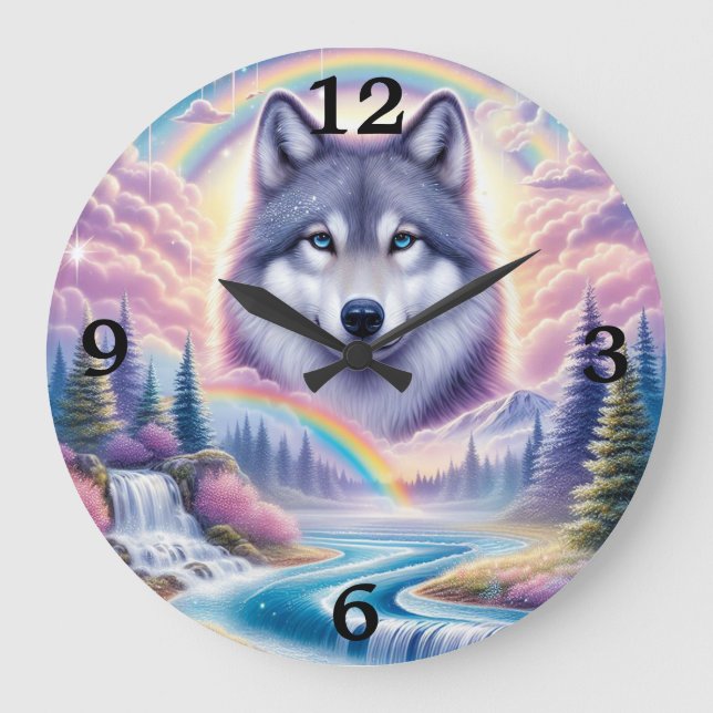 Wolf, Rainbows and Waterfalls Large Clock (Front)