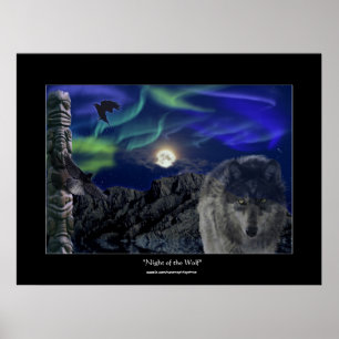 Wolf, Ravens, Totem Pole & Aurora Art Poster