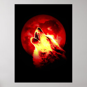 Wolf & Red Moon Poster