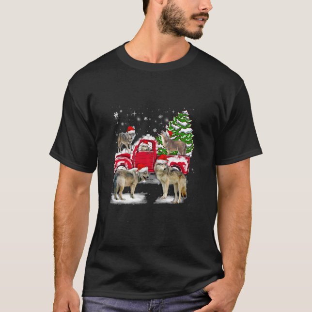 Wolf Riding Red Truck Merry Christmas X mas Ugly L T-Shirt (Front)
