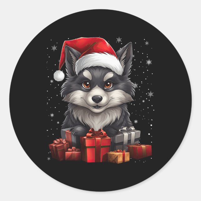 Wolf Santa Claus Hat Christmas Snow Xmas Pajama Pa Classic Round Sticker (Front)