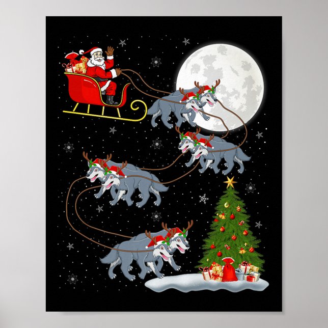 Wolf Santa Sleigh Flying Funny Magical Christmas P Poster (Front)