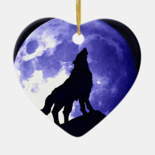 Wolf Silhouette & Full Moon Ceramic Ornament