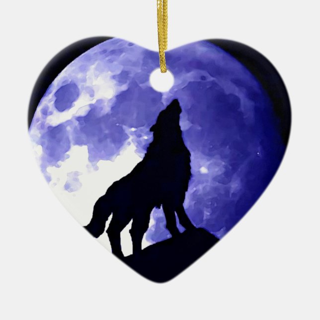 Wolf Silhouette & Full Moon Ceramic Ornament (Front)