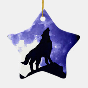 Wolf Silhouette & Full Moon Ceramic Ornament