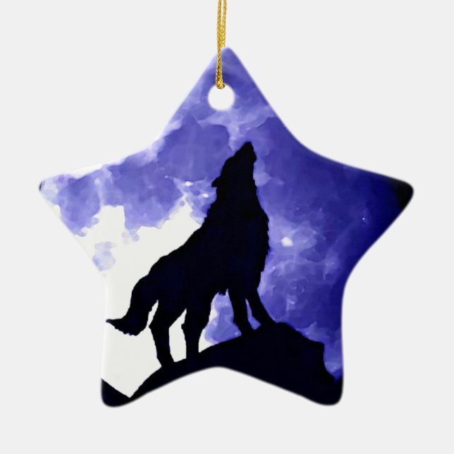 Wolf Silhouette & Full Moon Ceramic Ornament (Front)