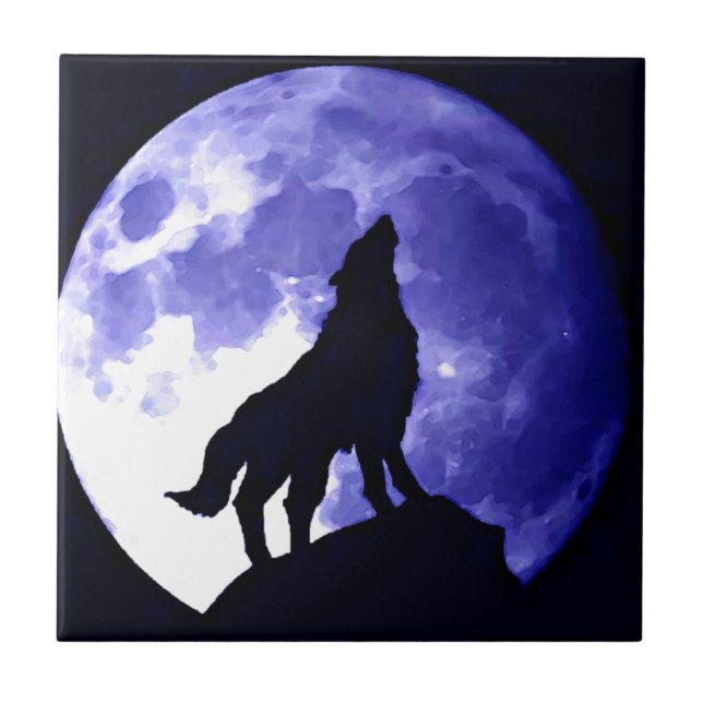 Wolf Silhouette & Full Moon Ceramic Tile (Front)