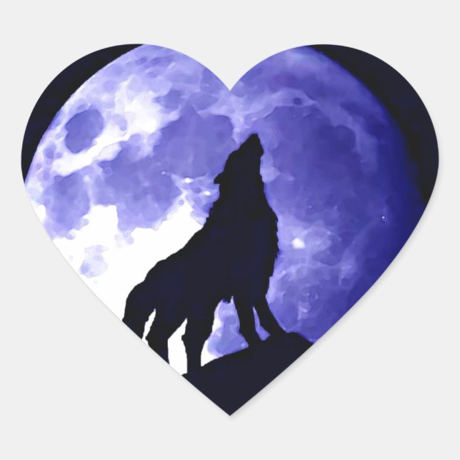 Wolf Silhouette & Full Moon Heart Sticker (Front)