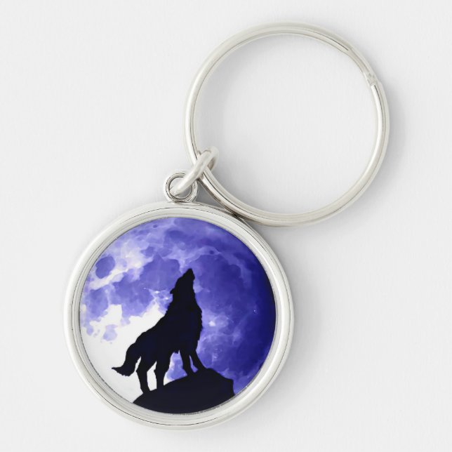 Wolf Silhouette & Full Moon Key Ring (Front)