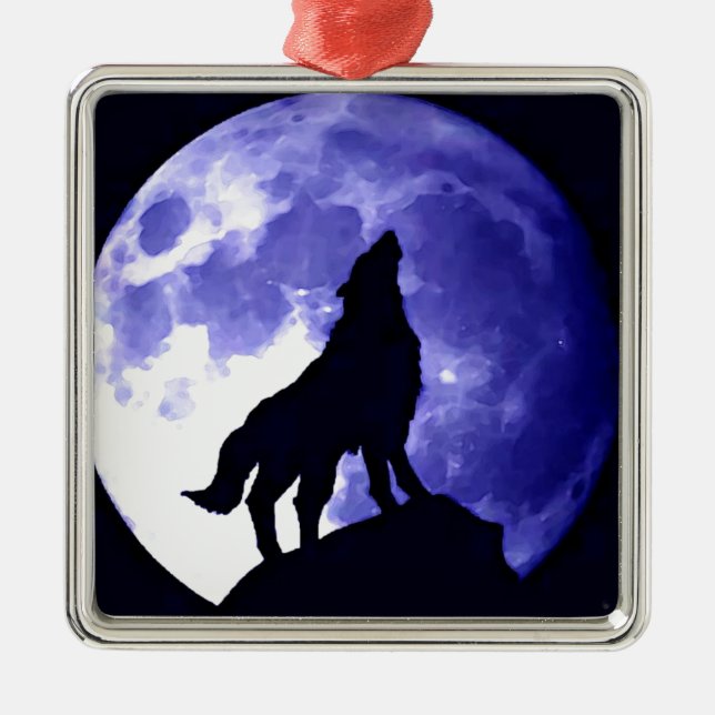 Wolf Silhouette & Full Moon Metal Ornament (Front)