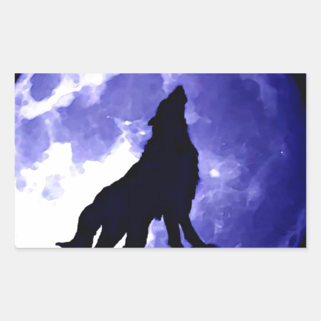Wolf Silhouette & Full Moon Rectangular Sticker (Front)