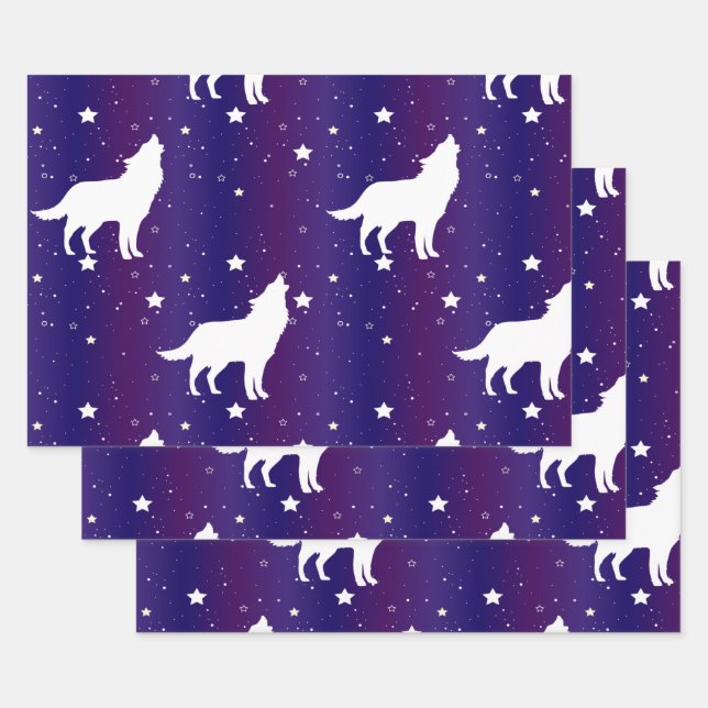 Wolf Silhouette Starry Night Galaxy Lover Universe Wrapping Paper Sheet (Set)