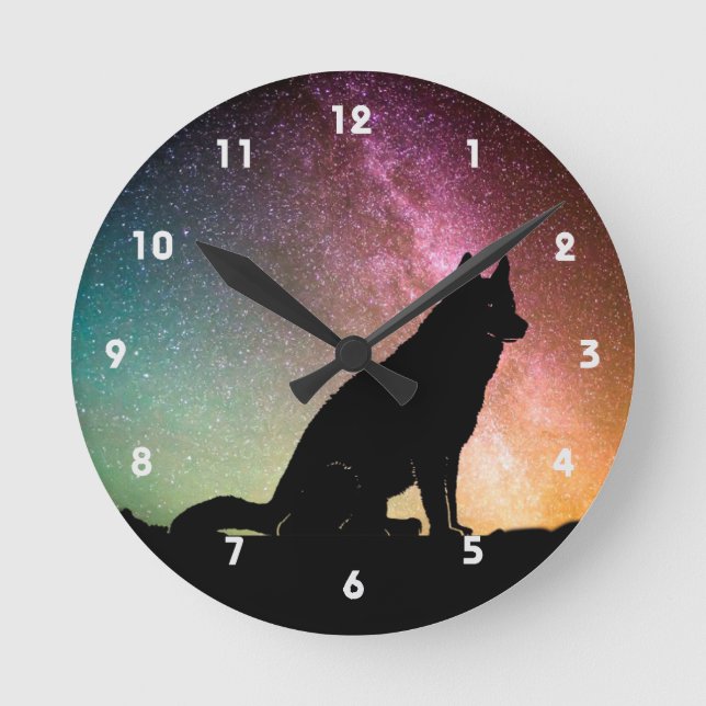 Wolf Silhouette With Northern Lights  Round Clock (Front)