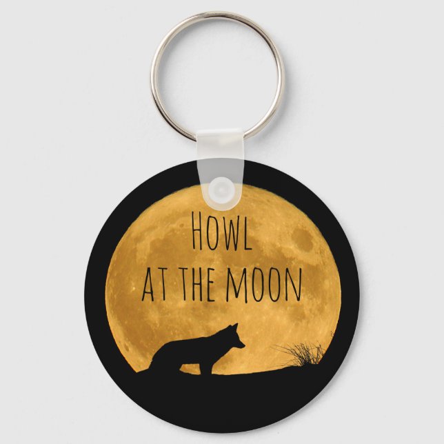 Wolf Silhouetted in Bright Moon Key Ring (Front)