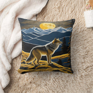 Wolf Silhouetted Under a Full Moon in Mountains Cushion