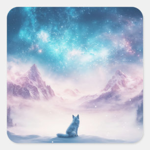 Wolf Sitting in Snowy Winter Mountain Landscape Square Sticker