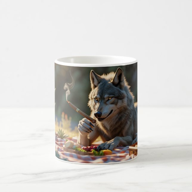 wolf smoking cigar and havinga picnic coffee mug (Center)