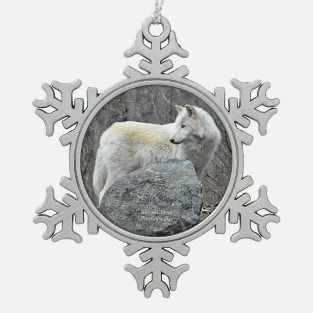 Wolf Snowflake Pewter Christmas Ornament (Front)