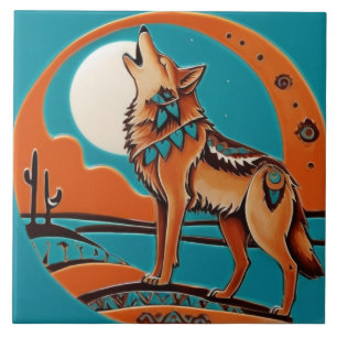 Wolf Southwestern Southwest Orange & Teal Blue Ceramic Tile
