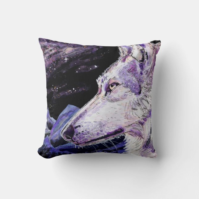 Wolf Space Mountains Forest Painting Cushion (Front)