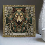 Wolf Spirit Animal Carpetpunk Altarpiece Happycore Ceramic Tile<br><div class="desc">Step into an intriguing universe where wolves, tribal adornments, and carpetpunk blend into an aesthetic symphony on our customisable ceramic tile. Set against a canvas of dark green, earthy brown, lustrous gold, and deep aquamarine, our charismatic wolf, embellished with extravagant tribal jewels, exudes a spirit of adventure and joy. Immerse...</div>