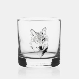 Wolf Spirit Animal Head Illustration Monogram Whiskey Glass