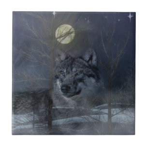 Wolf Spirit Moon Night Ceramic Tile