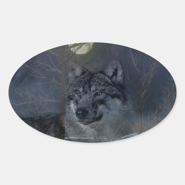 Wolf Spirit Moon Night Oval Sticker (Front)