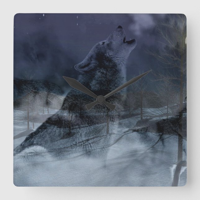 Wolf Spirit Moon Night Square Wall Clock (Front)