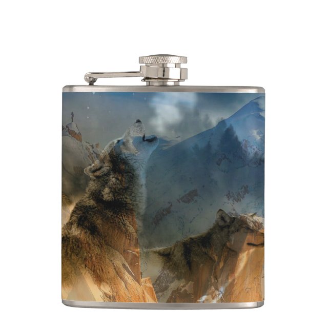 Wolf Spirits in Mountain Mist Hip Flask (Front)