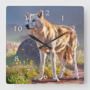 WOLF SPRINGTIME MOUNTAIN MEADOWS SQUARE WALL CLOCK
